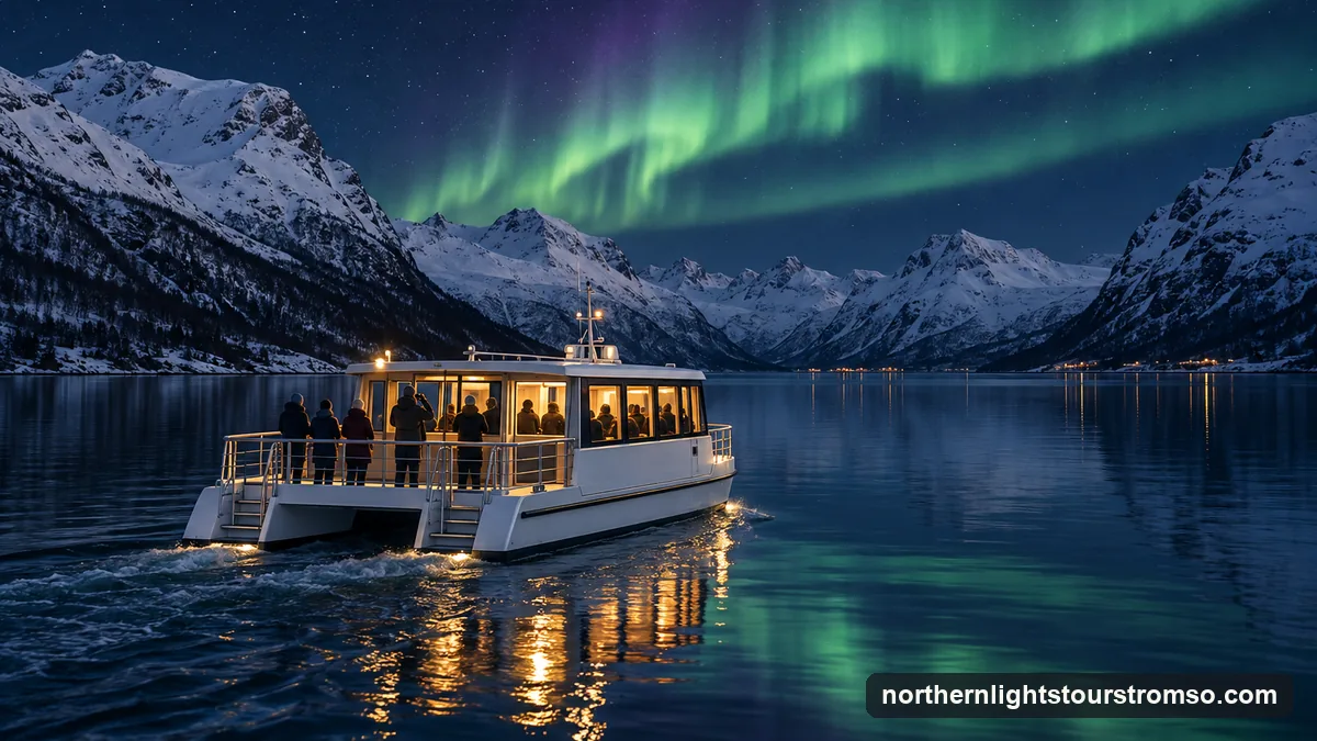 Illustration: guests on the open deck of a small lit catamaran on a dark fjord near Tromsø, looking up at a green aurora between snowy mountains