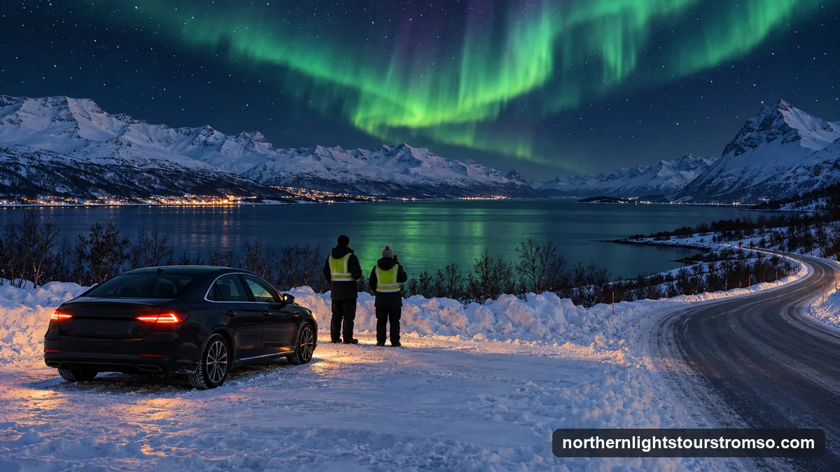 Illustration: two people in winter coats and reflective vests standing by a car in a roadside parking area, watching a green aurora over a fjord