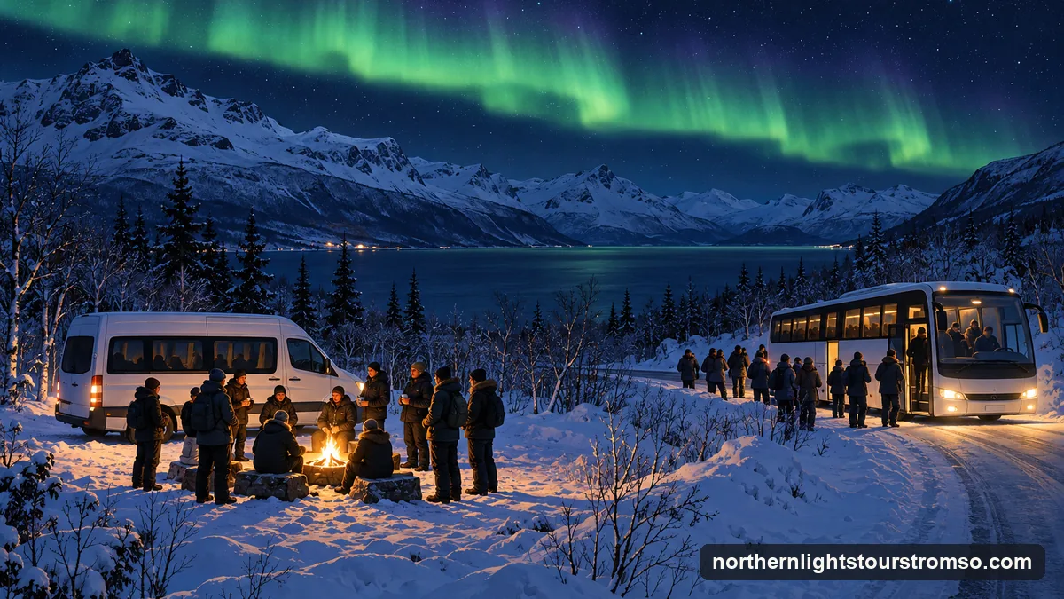 Illustration: a small minibus group round a campfire and a large coach further along a snowy road at night, both under the same green aurora
