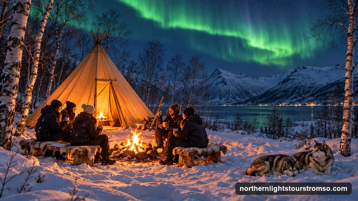 Illustration: guests in thermal suits by a campfire in front of a glowing lavvo tent in a snowy birch clearing, two huskies resting, a green aurora above