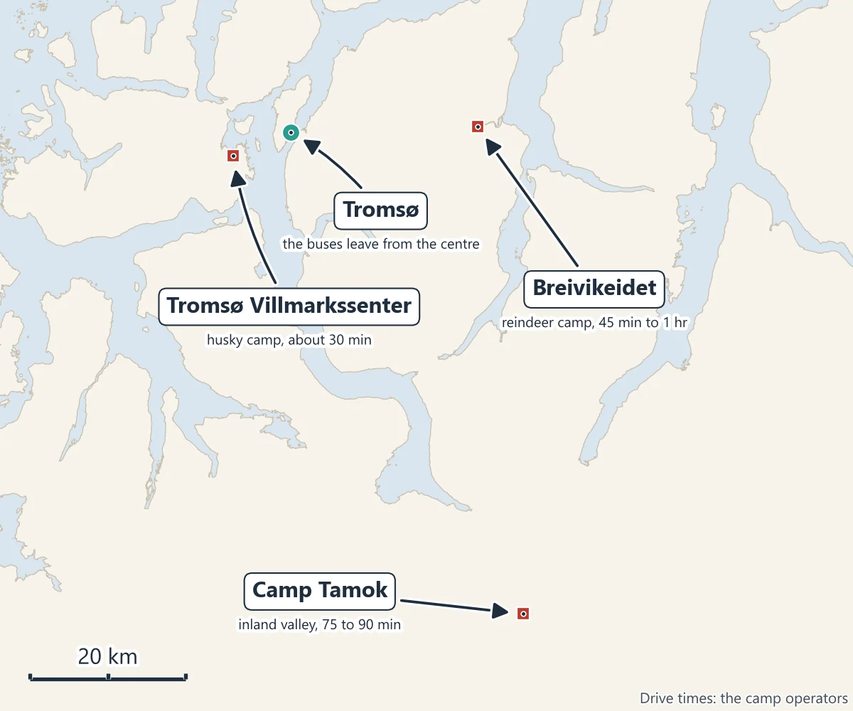 Map of the aurora camps around Tromsø: Tromsø Villmarkssenter's husky camp about 30 minutes from the centre, the reindeer camp at Breivikeidet 45 minutes to an hour away, and Camp Tamok in an inland valley 75 to 90 minutes away