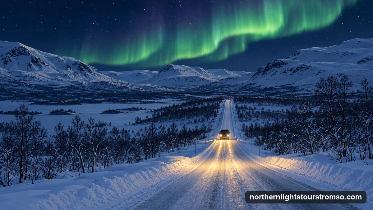 Illustration: a lone van on a snowy road climbing an open inland valley at night towards a bright green aurora over the fells