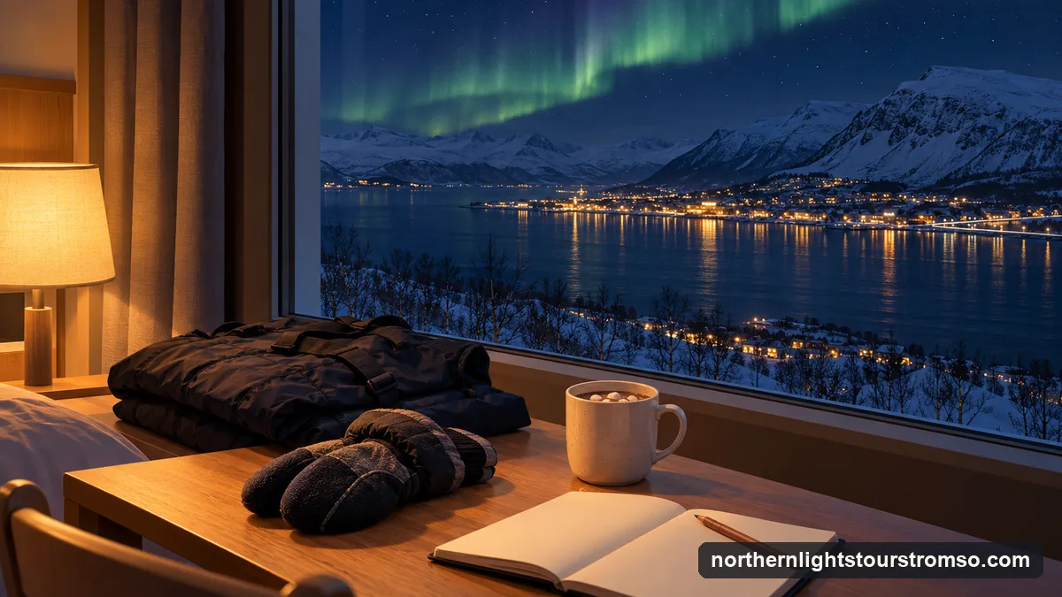 Illustration: a table by a hotel window in Tromsø with mittens, a thermal suit, hot chocolate and a blank notebook, a faint green aurora outside