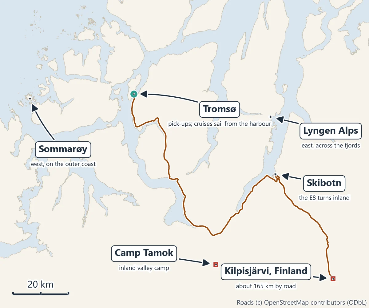 Map of Tromsø and the country around it showing where the northern lights tour types go: Tromsø, where the tours pick up and the cruises sail from the harbour, Sommarøy on the outer coast to the west, the Lyngen Alps to the east, Camp Tamok in an inland valley, Skibotn where the E8 turns inland, and Kilpisjärvi in Finland about 165 km by road