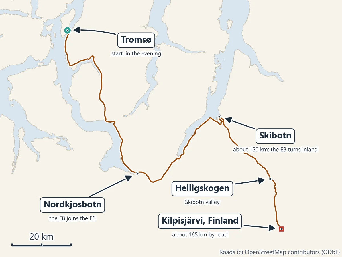 Route map of the E8 from Tromsø to Finland: south to Nordkjosbotn, where the E8 joins the E6, east to Skibotn, about 120 km, then inland up the Skibotn valley past Helligskogen to Kilpisjärvi in Finland, about 165 km by road